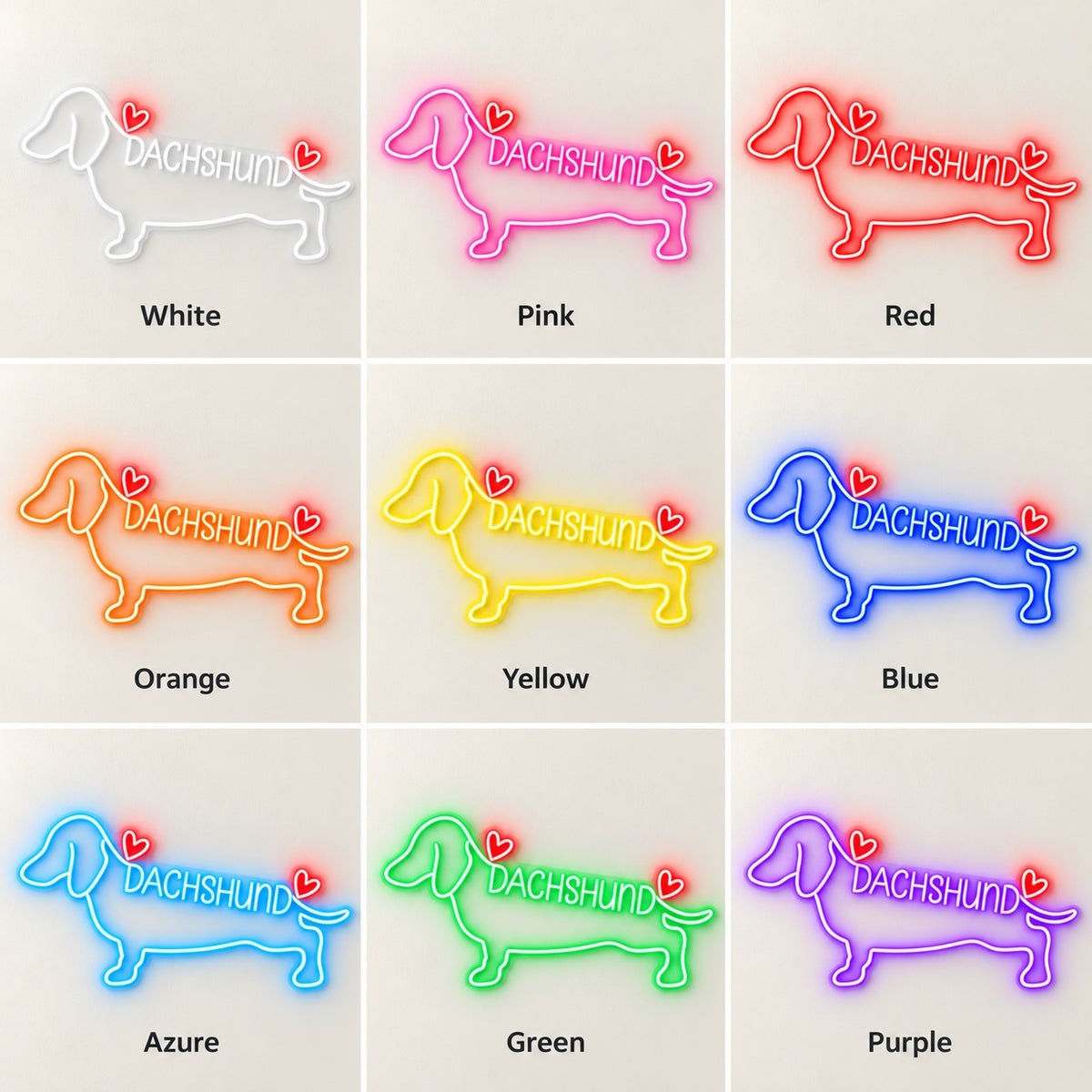 Dachshund Hearts LED Neon Sign - nine-color grid