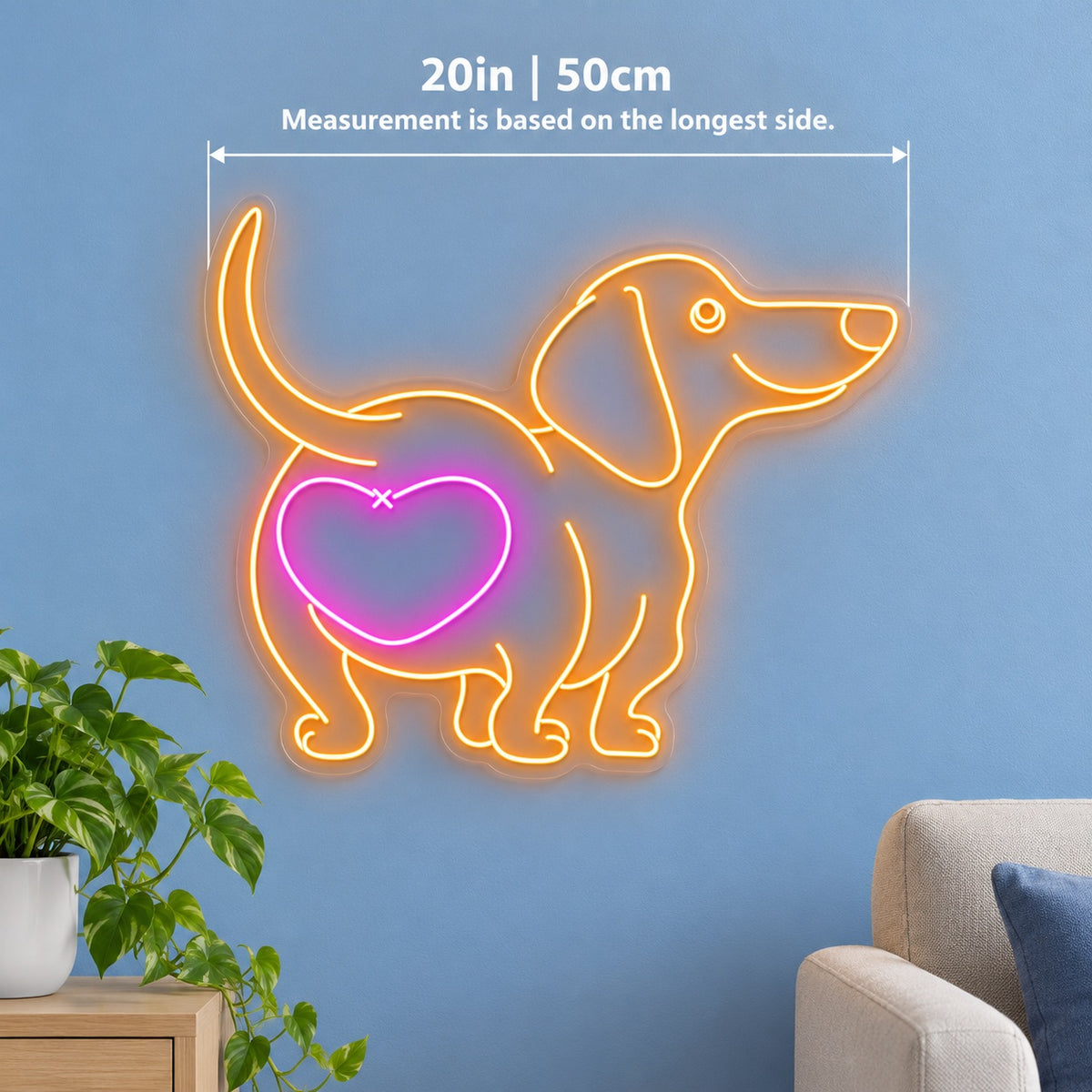 Dog With Heart LED Neon Sign - size guide