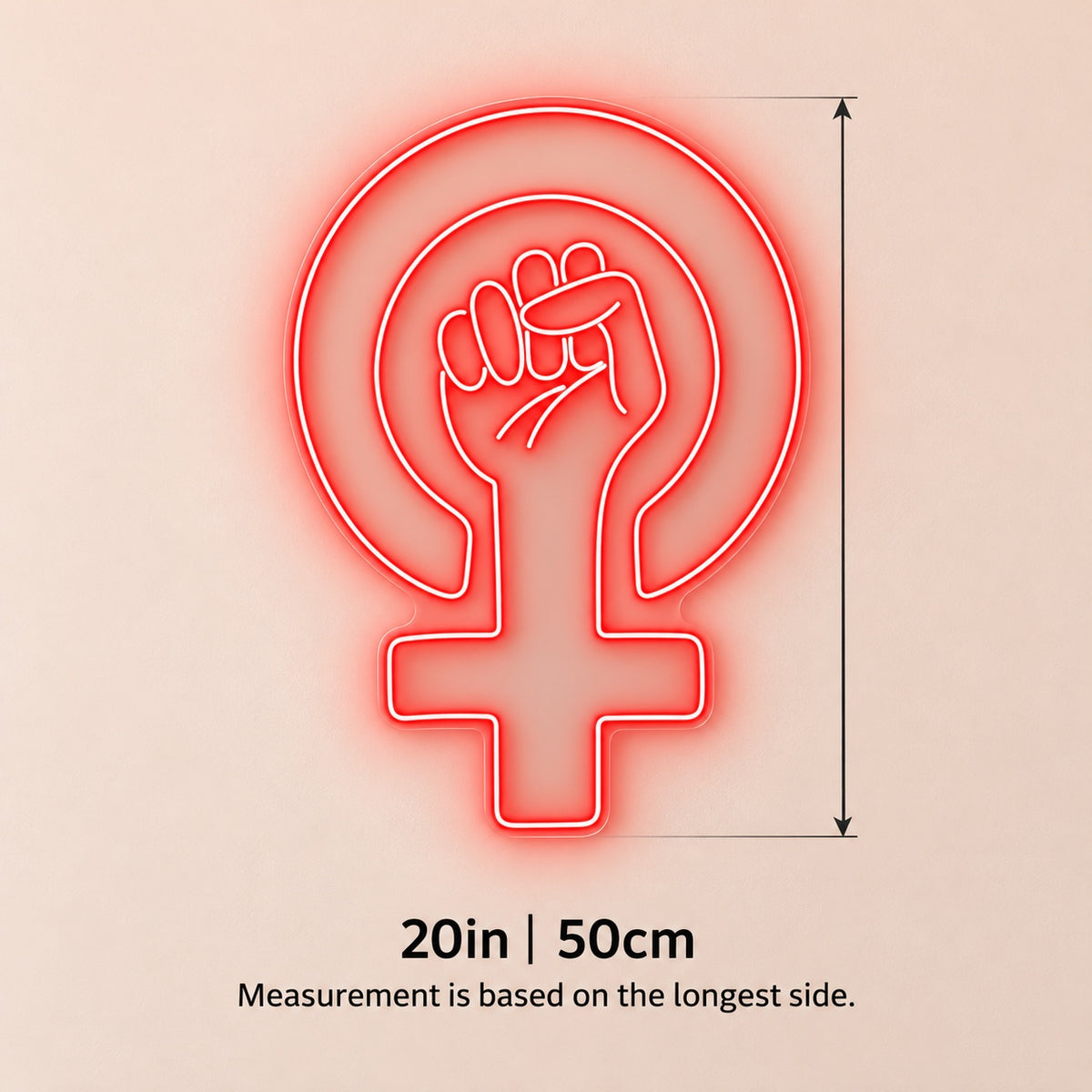 Feminist Raised Fist LED Neon Sign - size guide