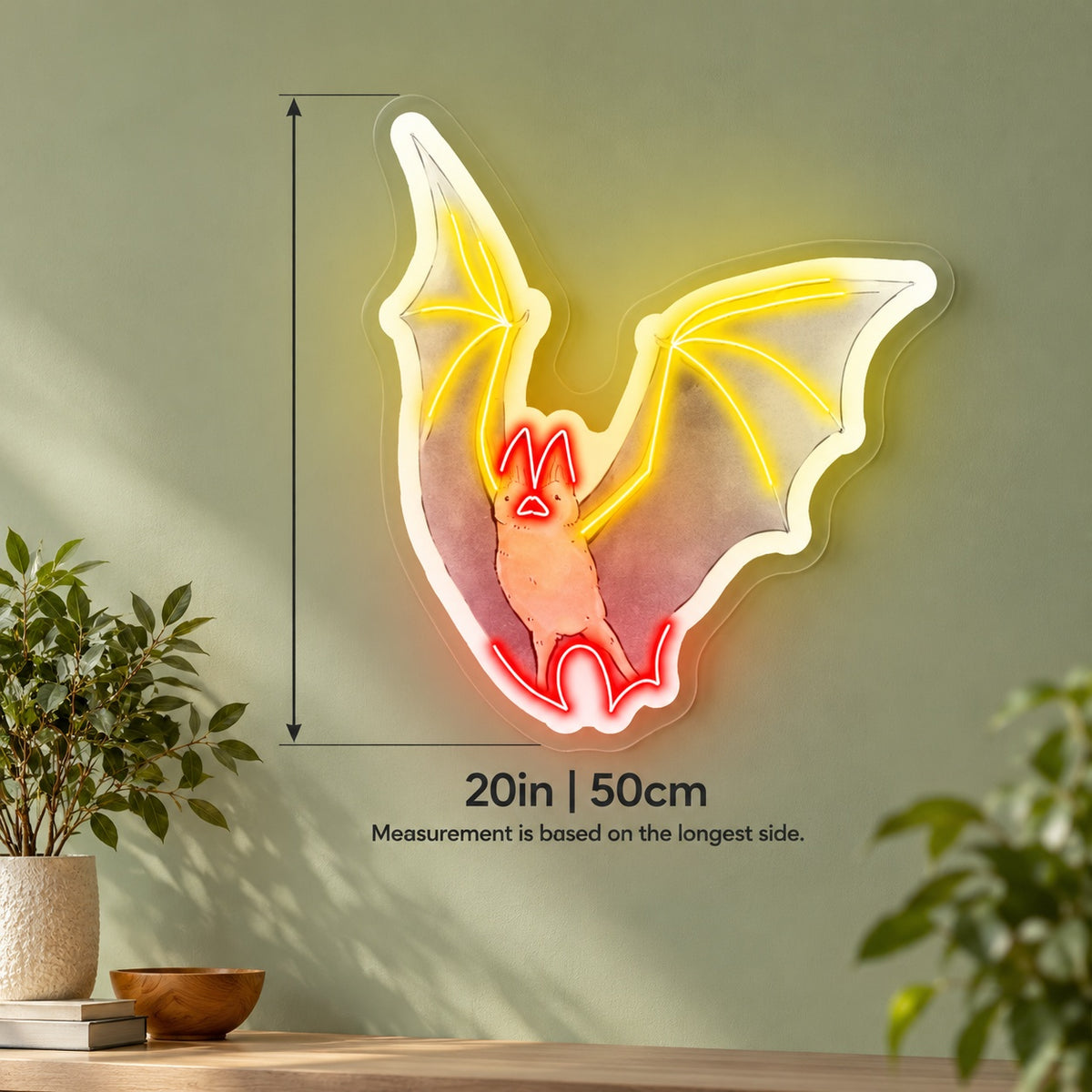 Flying Bat LED Neon Sign - size guide