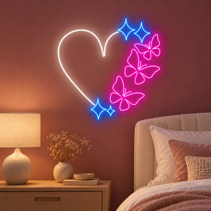 Heart Butterflies and Stars LED Neon Sign - advertising view