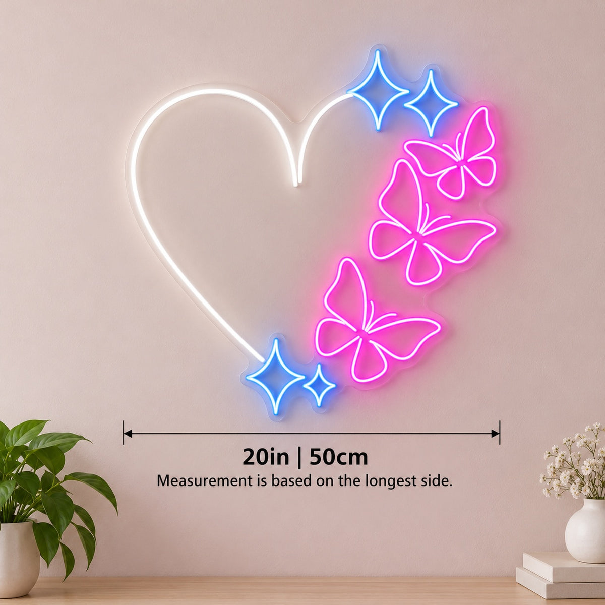 Heart Butterflies and Stars LED Neon Sign - size guide