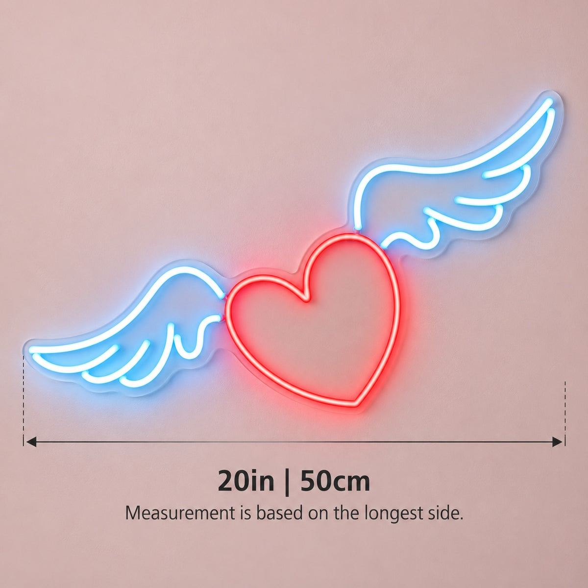 Heart With Wings LED Neon Sign - size guide