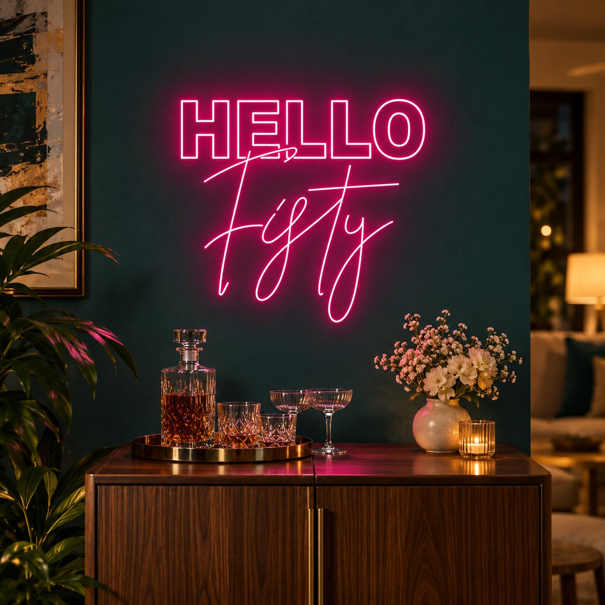 Hello Fifty LED Neon Sign - advertising view