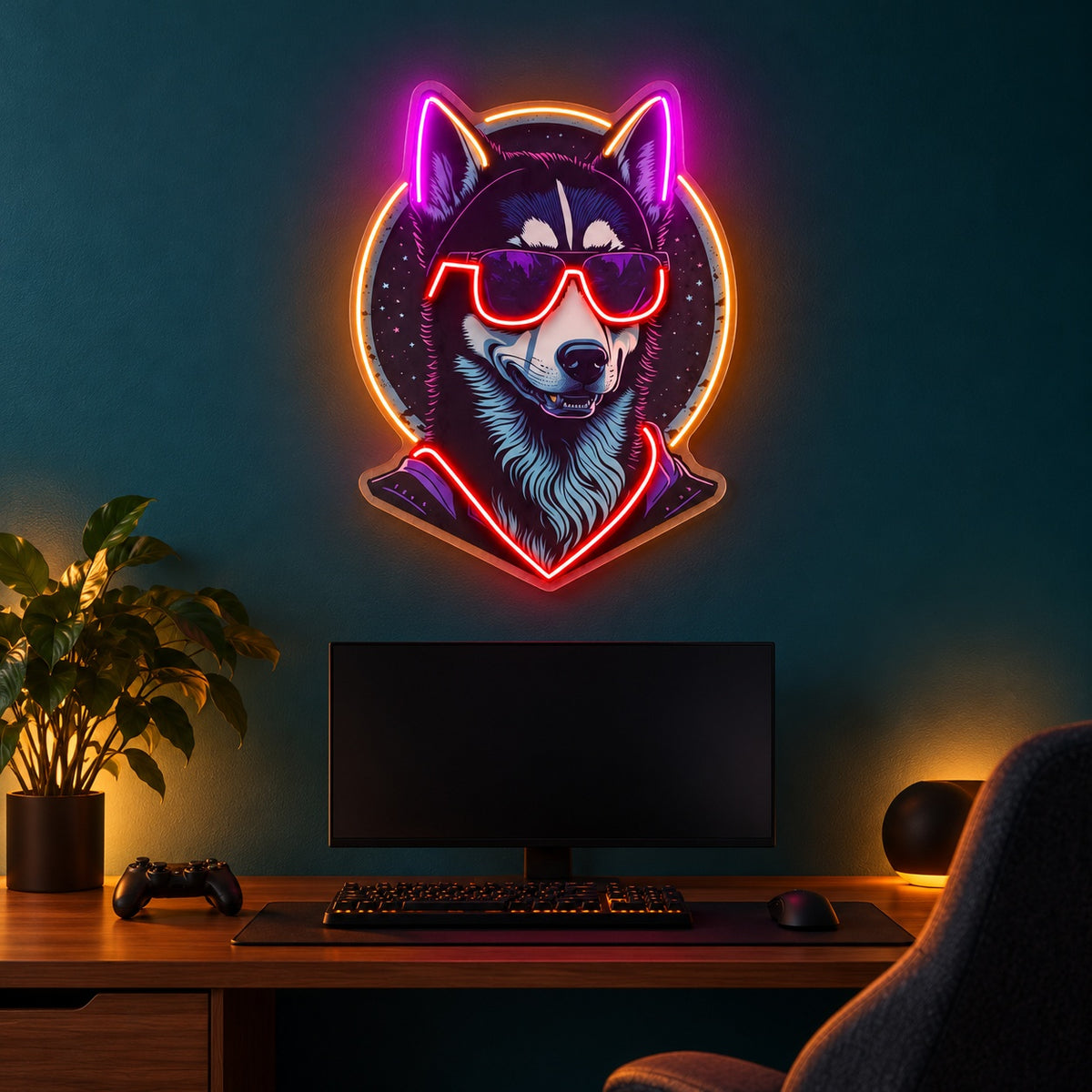 Husky With Sunglasses LED Neon Sign - advertising view