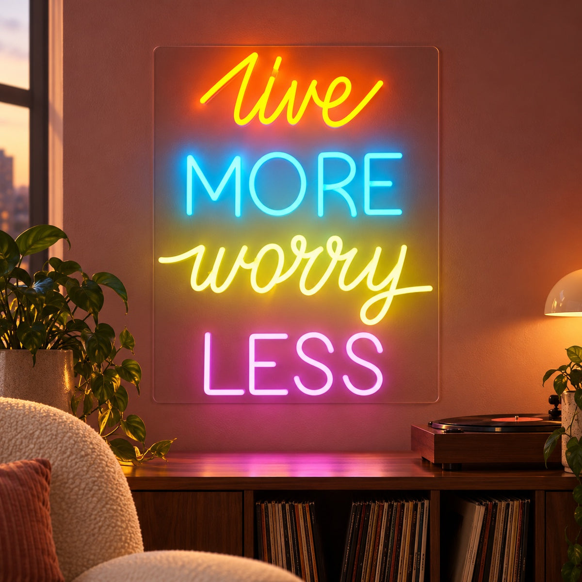 Live More Worry Less LED Neon Sign - advertising view