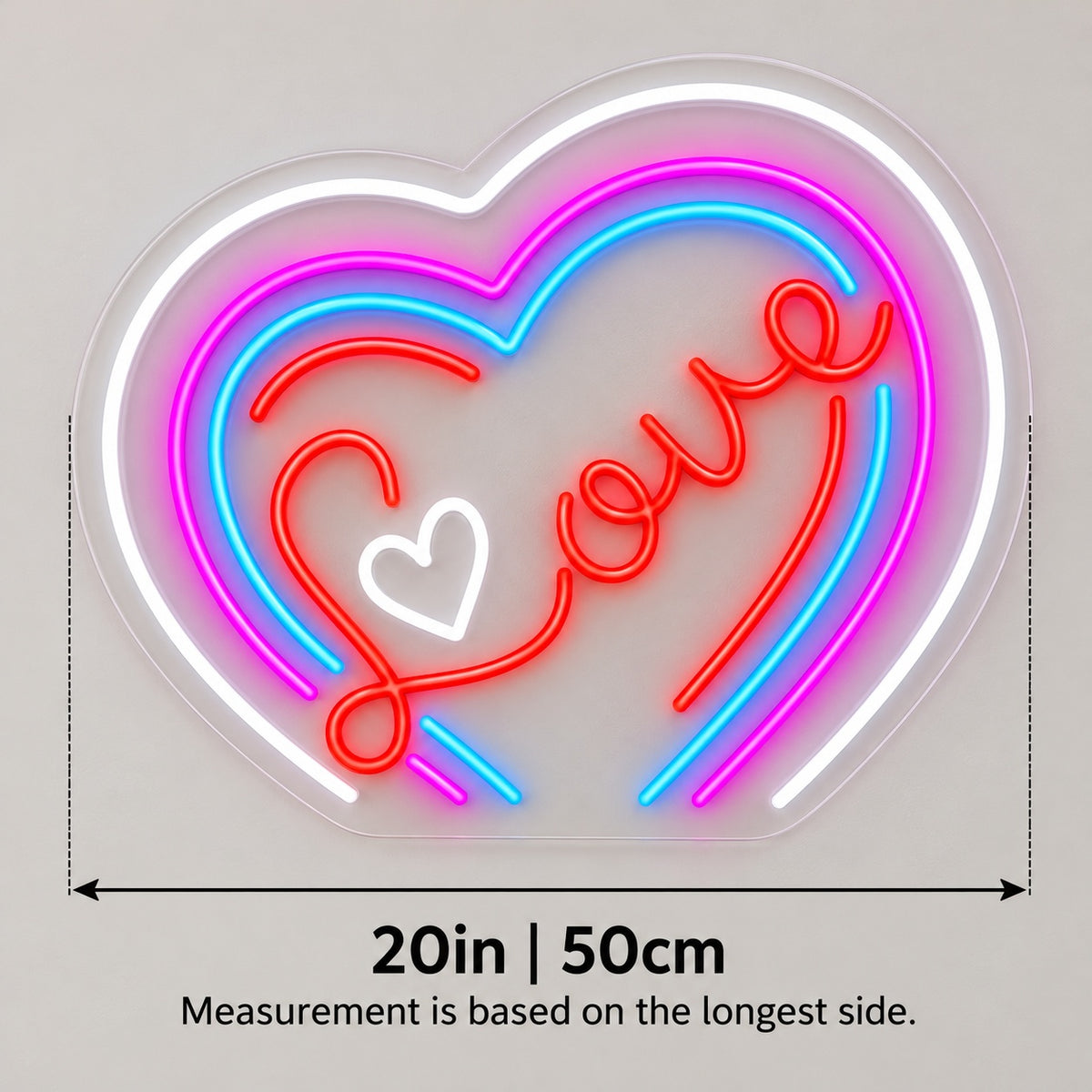 Love Rainbow Heart LED Neon Sign - size guide
