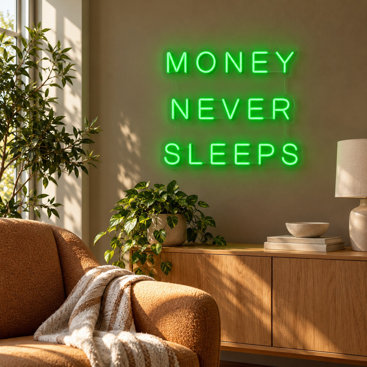 Money Never Sleeps LED Neon Sign - lifestyle view