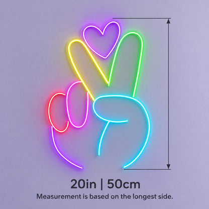 Peace Hand Heart LED Neon Sign - size guide