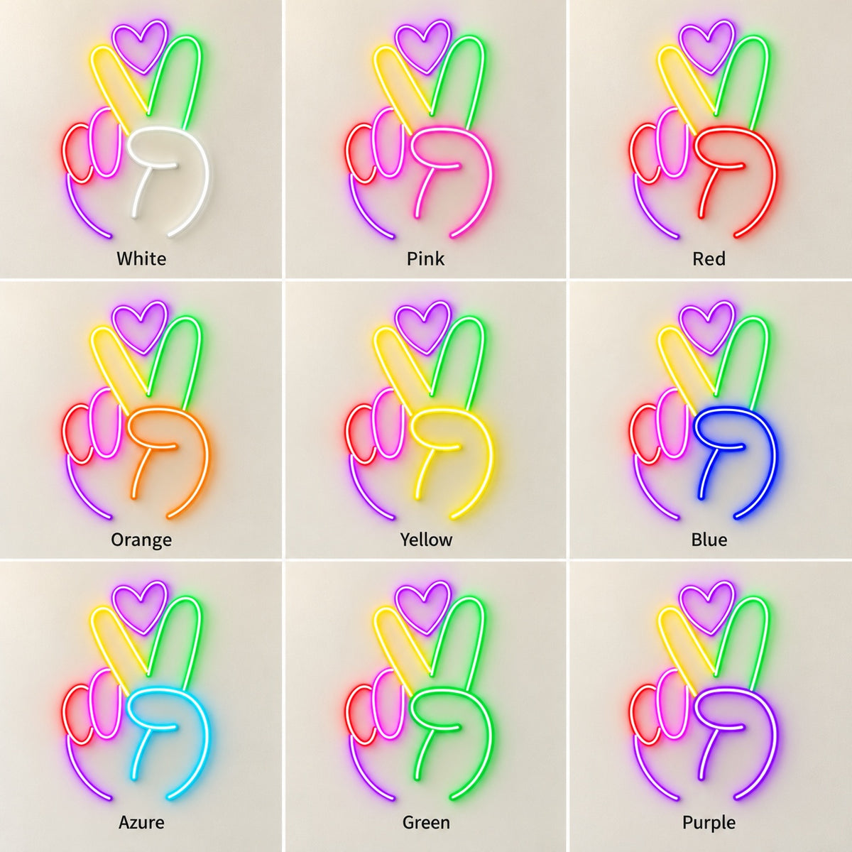Peace Hand Heart LED Neon Sign - nine-color grid