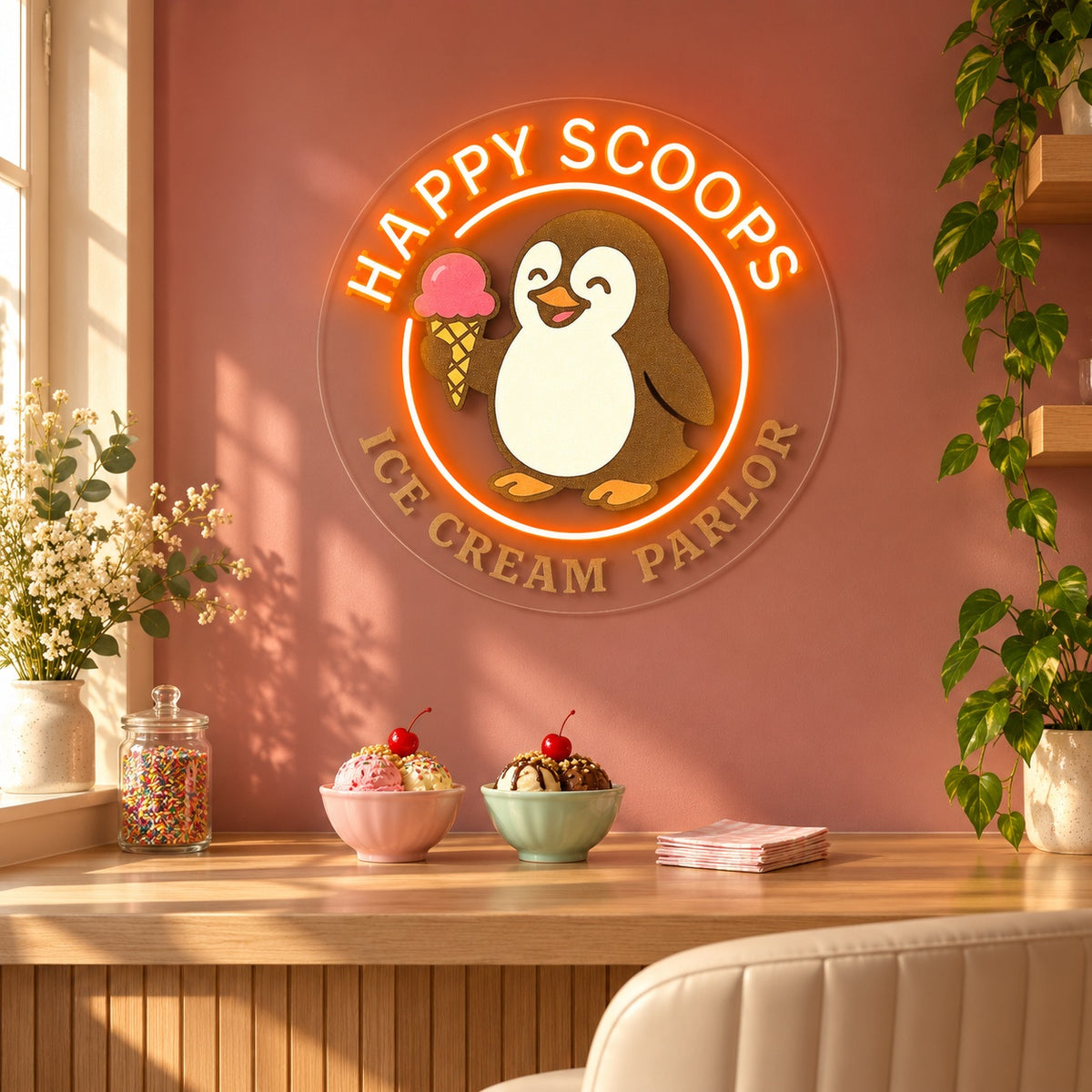 Penguin Ice Cream LED Neon Sign - advertising view
