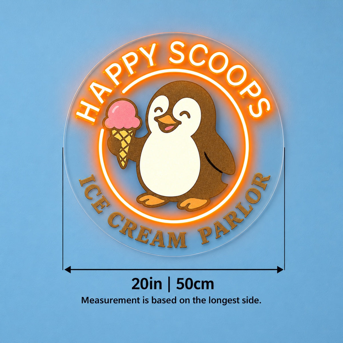 Penguin Ice Cream LED Neon Sign - size guide