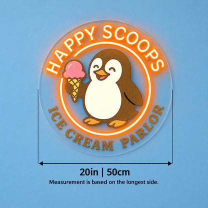 Penguin Ice Cream LED Neon Sign - size guide