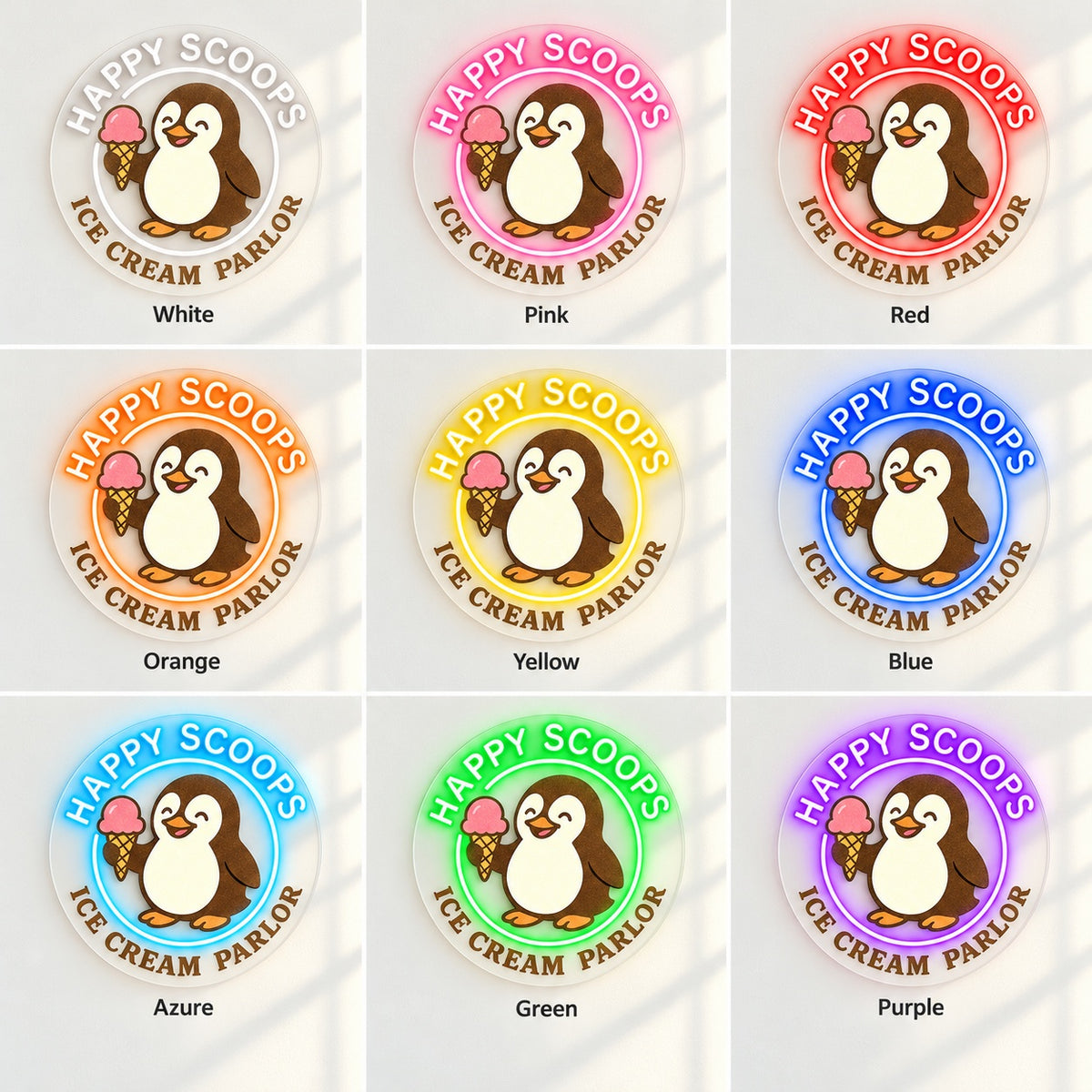 Penguin Ice Cream LED Neon Sign - nine-color grid
