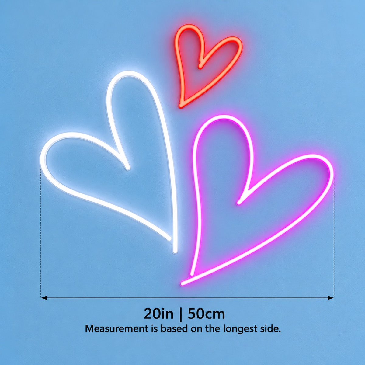 Triple Hearts LED Neon Sign - size guide