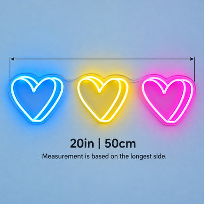 Triple Hearts LED Neon Sign - size guide