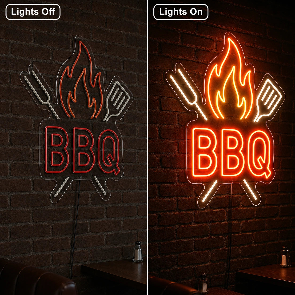 BBQ Fire Tools Neon Sign LED Neon Sign day and night comparison