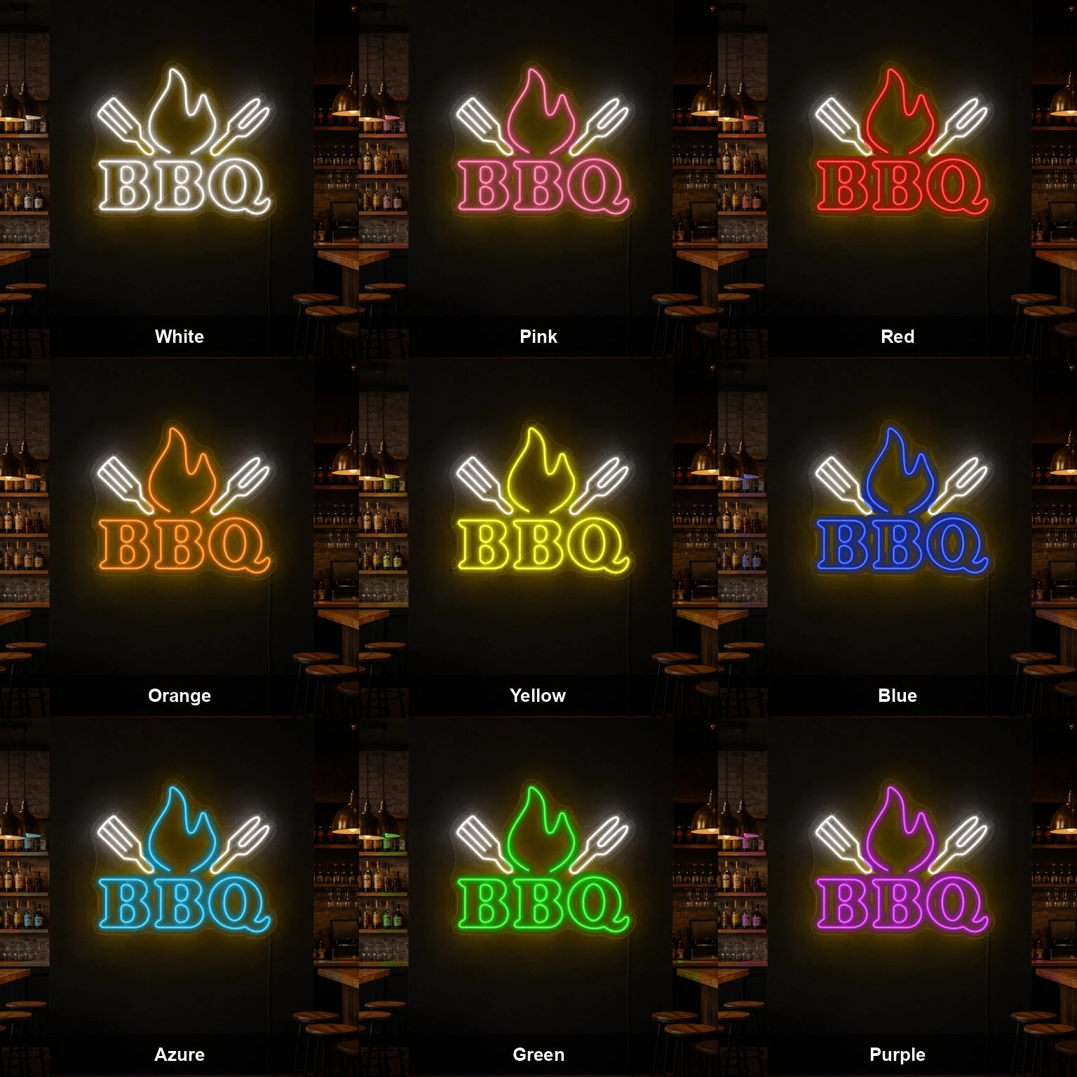 BBQ Flame And Grill Tools LED Neon Sign color grid