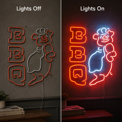 BBQ Pig Chef Neon Sign LED Neon Sign day and night comparison