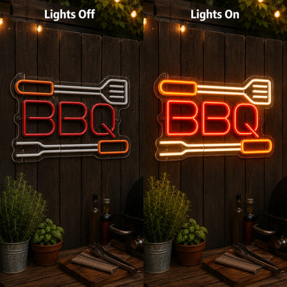 BBQ Spatula And Fork LED Neon Sign day and night comparison