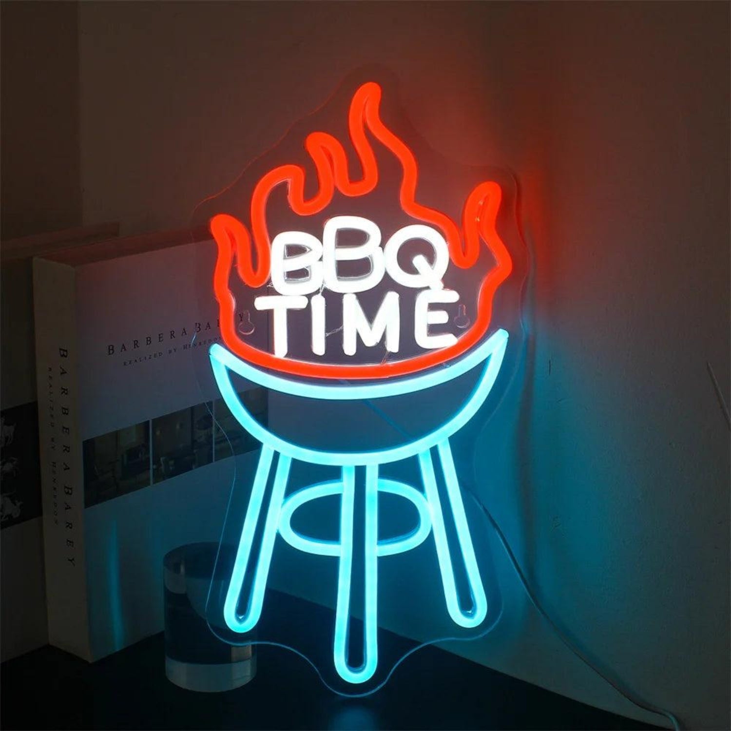 Bbq Time Red White Blue Led Neon Sign With Flame Grill Art For Party Decor | Shineneon