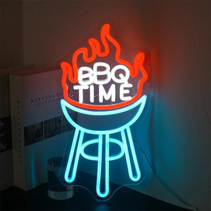 Bbq Time Red White Blue Led Neon Sign With Flame Grill Art For Party Decor | Shineneon