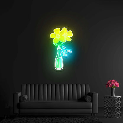 Be Courageous Today Yellow Flower Vase Clear Neon Signs For Wall - Shineneon