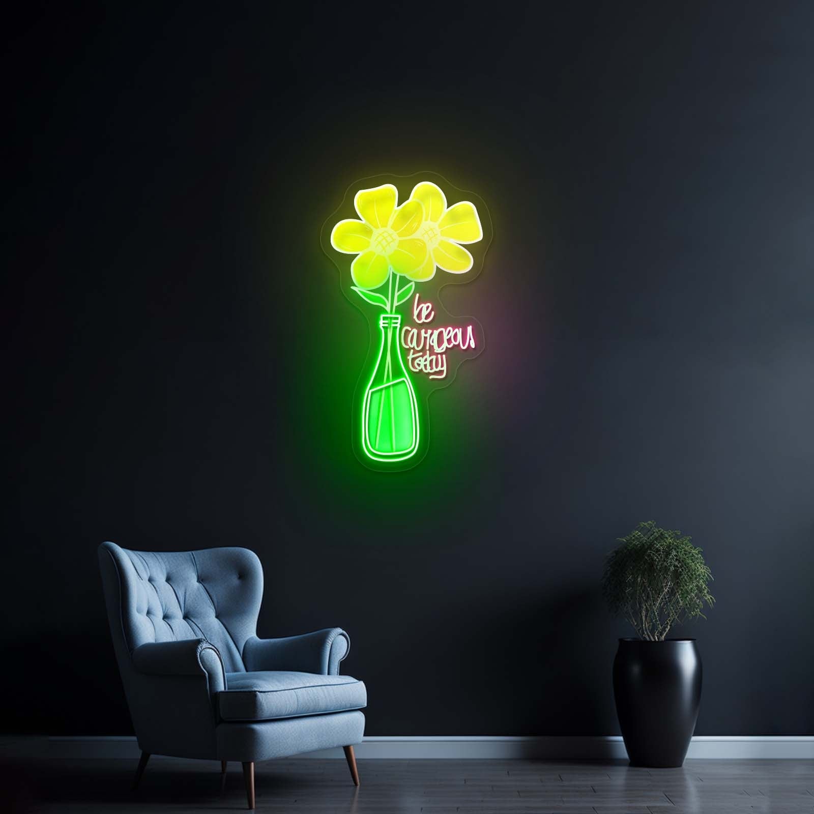 Be Courageous Today Yellow Flower Vase Clear Neon Signs For Wall - Shineneon