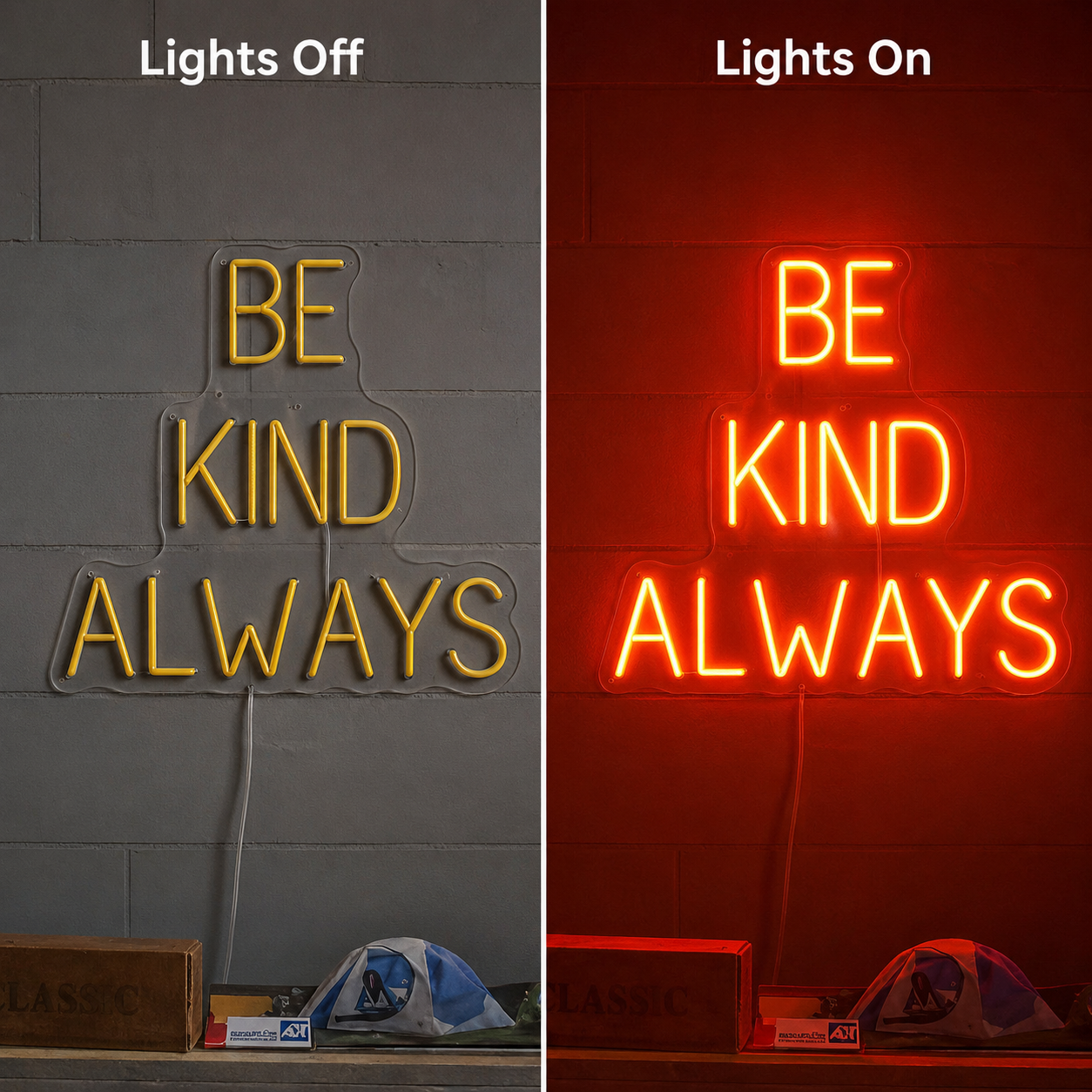 Be Kind Always LED Neon Sign Wall Decor - 06 Day Night Comparison