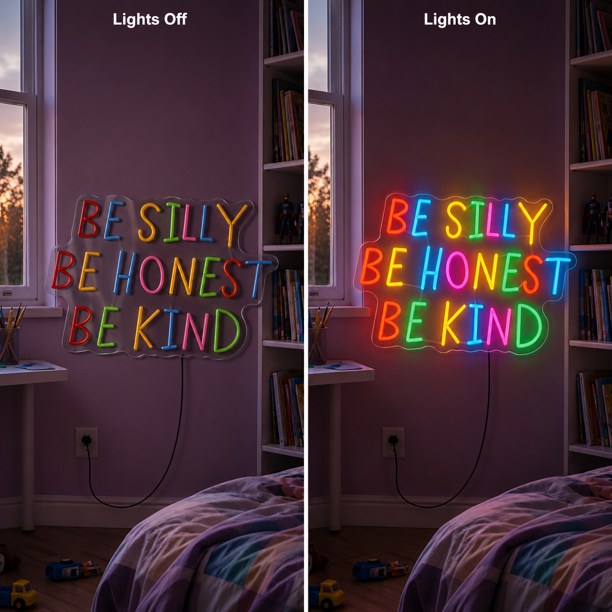 Be Silly Be Honest Be Kind LED Neon Sign - 06 Day Night Comparison