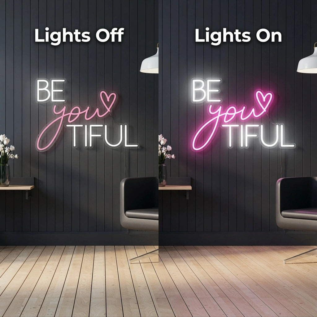 Be You Tiful LED Neon Sign Home Wall Art - 06 Day Night Comparison