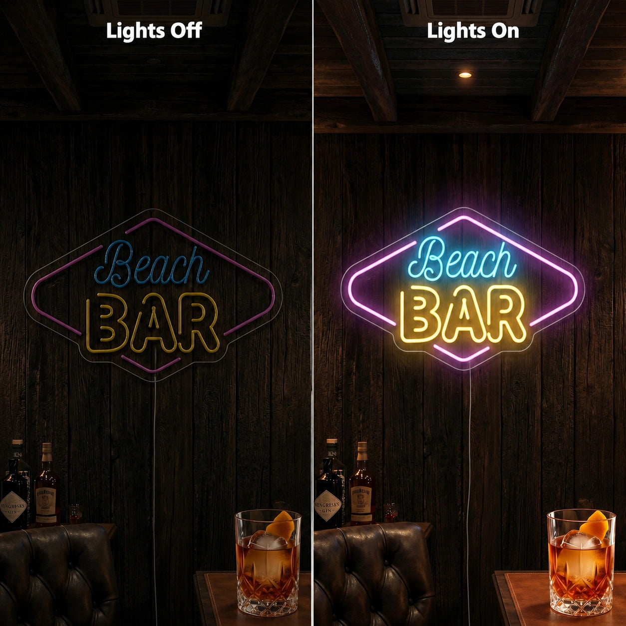 Beach Bar Script Neon Sign LED Neon Sign day and night comparison