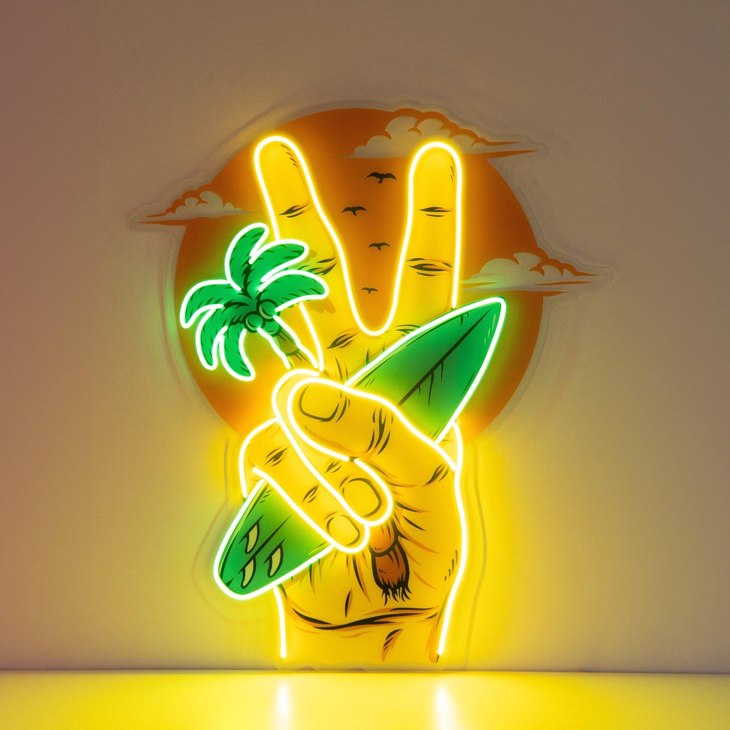 Beach V Hand Palm Tree Surfboard UV printed LED neon sign