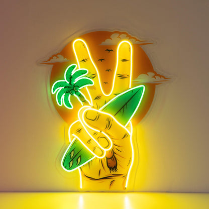 Beach V Hand Palm Tree Surfboard Uv Printed Led Neon Sign For Indoor Wall Art Decor | Shineneon