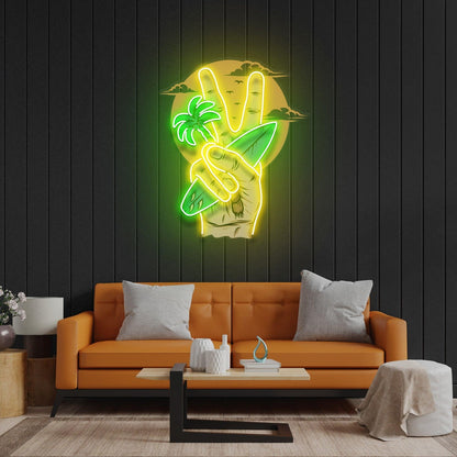 Beach V Hand Palm Tree Surfboard Uv Printed Led Neon Sign For Indoor Wall Art Decor | Shineneon