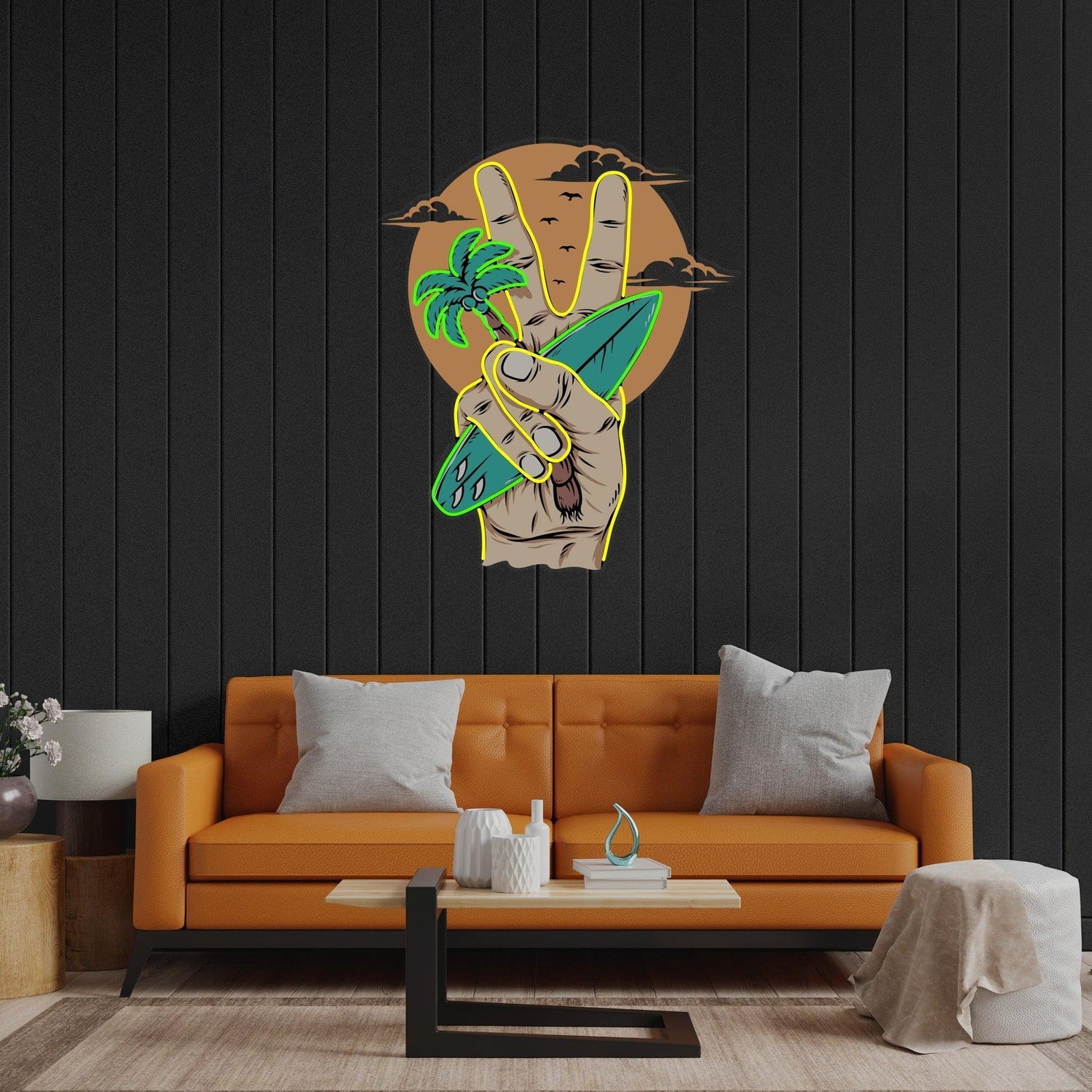 Beach V Hand Palm Tree Surfboard Uv Printed Led Neon Sign For Indoor Wall Art Decor | Shineneon