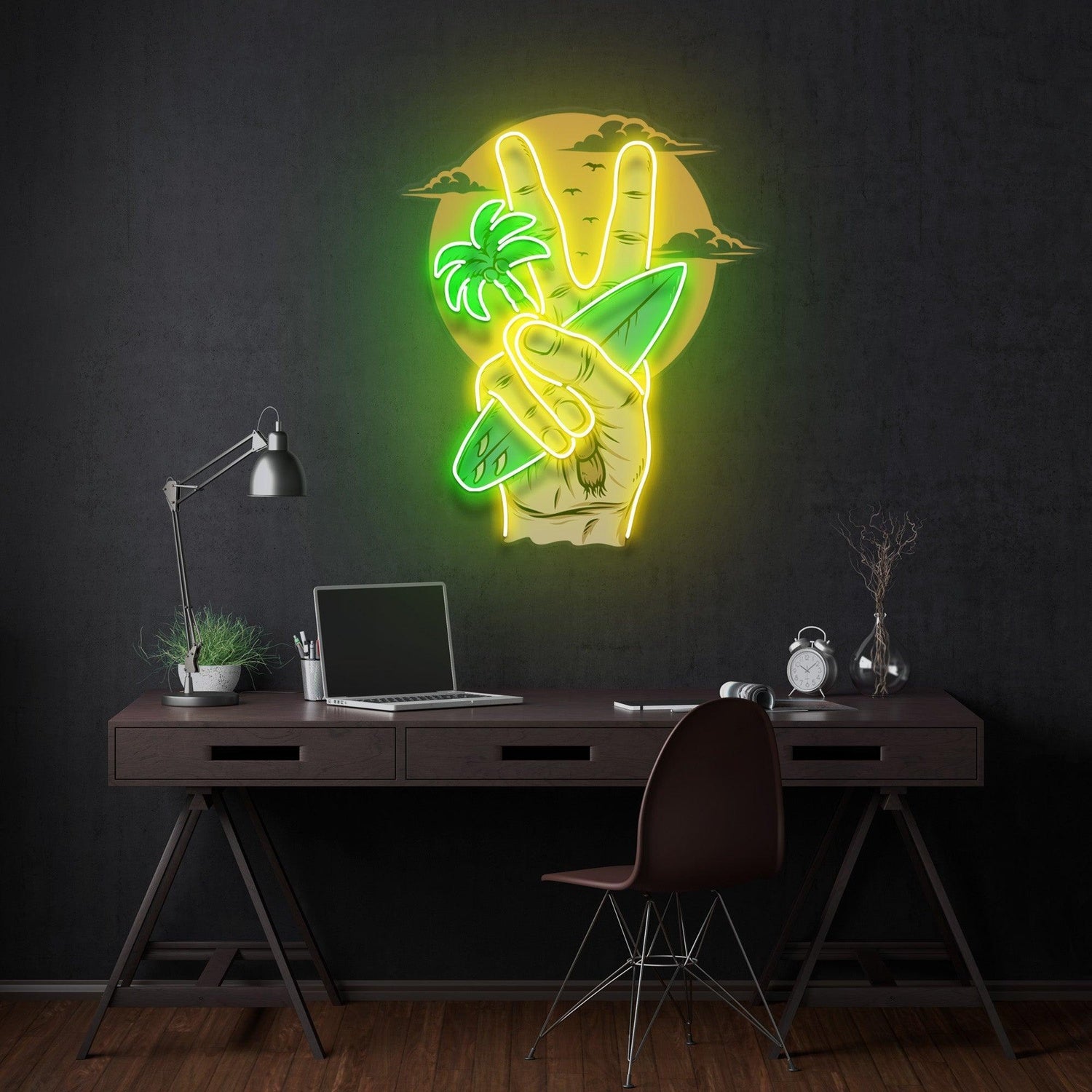 Beach V Hand Palm Tree Surfboard Uv Printed Led Neon Sign For Indoor Wall Art Decor | Shineneon