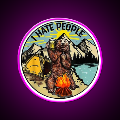 Bear Camping I Hate People Beer Bar Decor Led Neon Sign Rgb Color - Neon sign mounted on wall in room