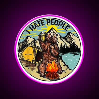 Bear Camping I Hate People Beer Bar Decor Led Neon Sign Wall Art Rgb Color - Neon sign mounted on wall in room