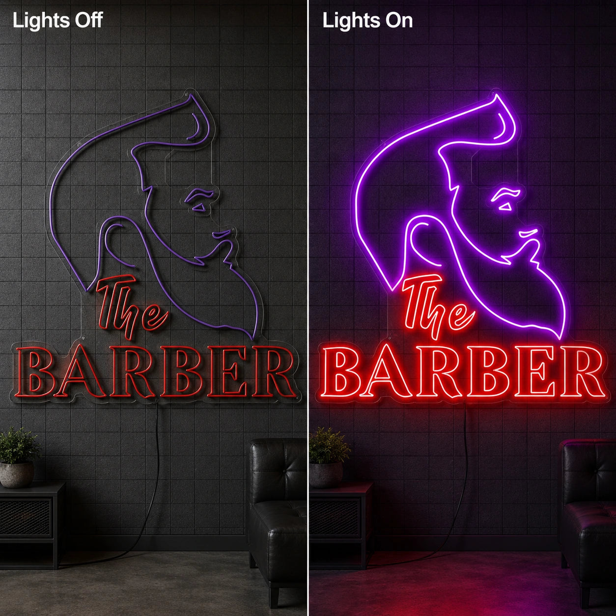 Bearded Barber Neon Sign LED Neon Sign day and night comparison