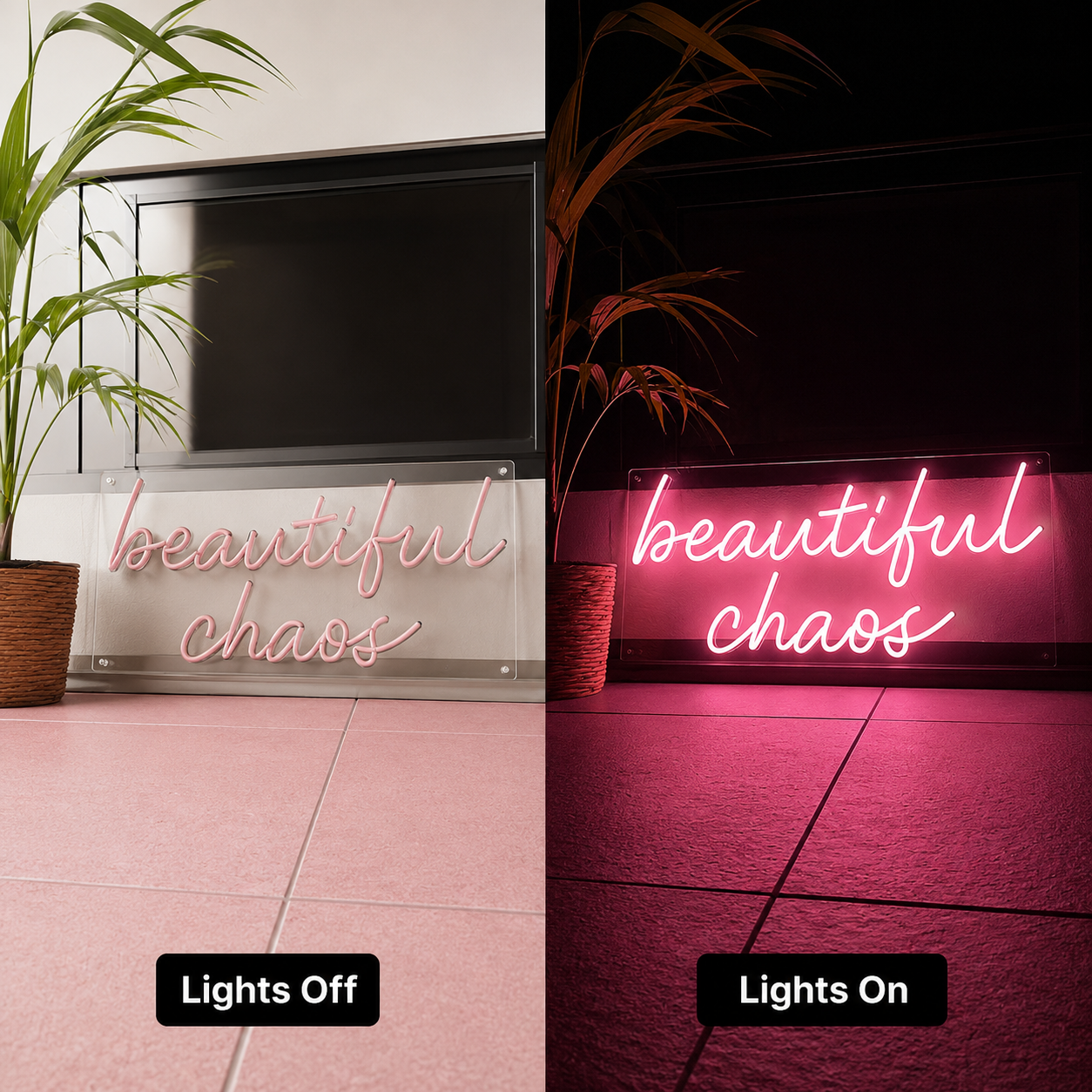 Beautiful Chaos LED Neon Sign - 06 Day Night Comparison