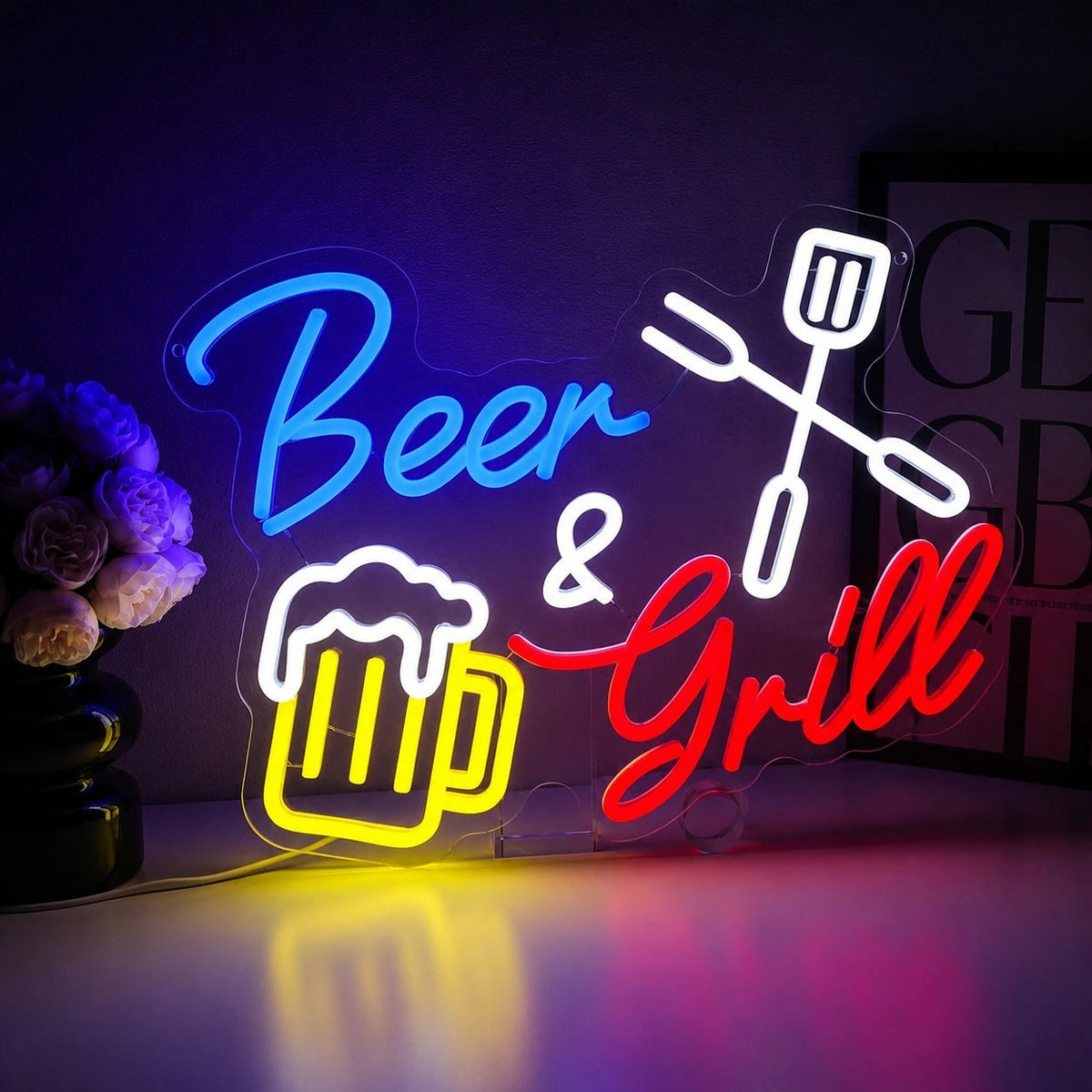 Beer And Grill Crossed Tools With Beer Mug LED Neon Sign - Shineneon