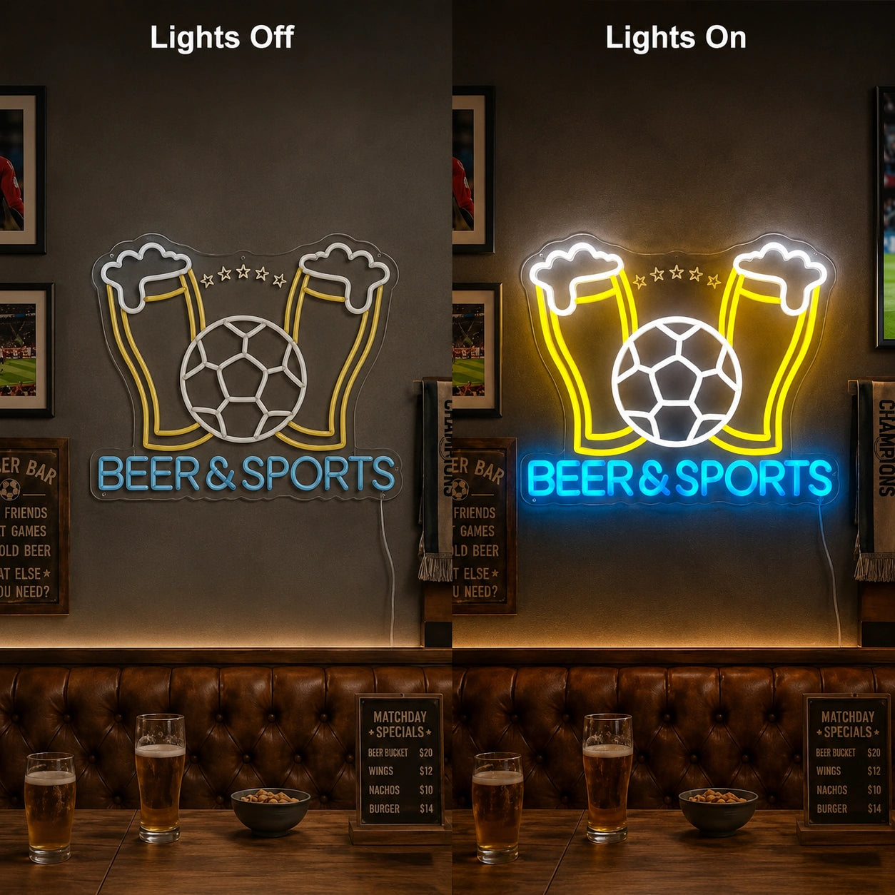 Beer And Sports Neon Sign LED Neon Sign day and night comparison