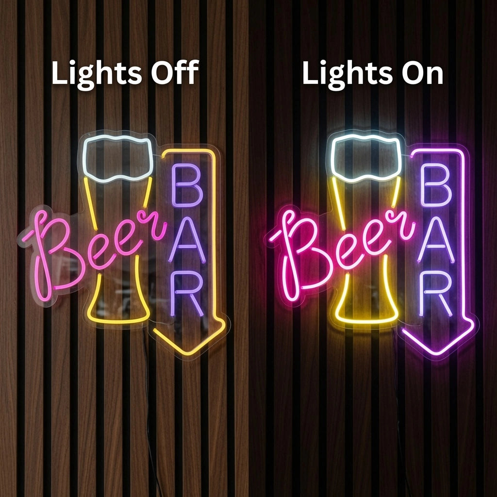Beer Bar Business LED Neon Sign - 06 Day Night Comparison