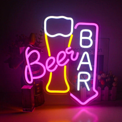 Beer Bar Pink Yellow White Led Neon Sign With Beer Cup Design Retro Bar Decor | Shineneon
