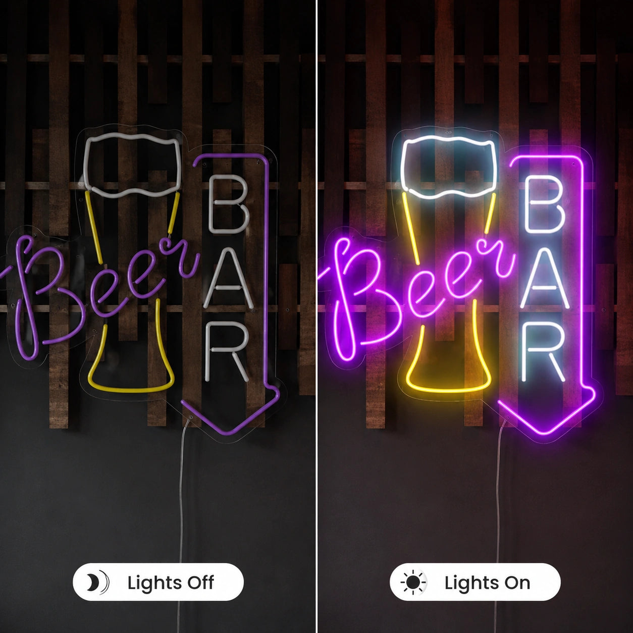Beer Bar Tables Neon Sign LED Neon Sign day and night comparison