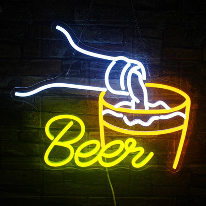 Beer Bar White Yellow Led Neon Sign With Pouring Bottle Glass For Bar Decor | Shineneon