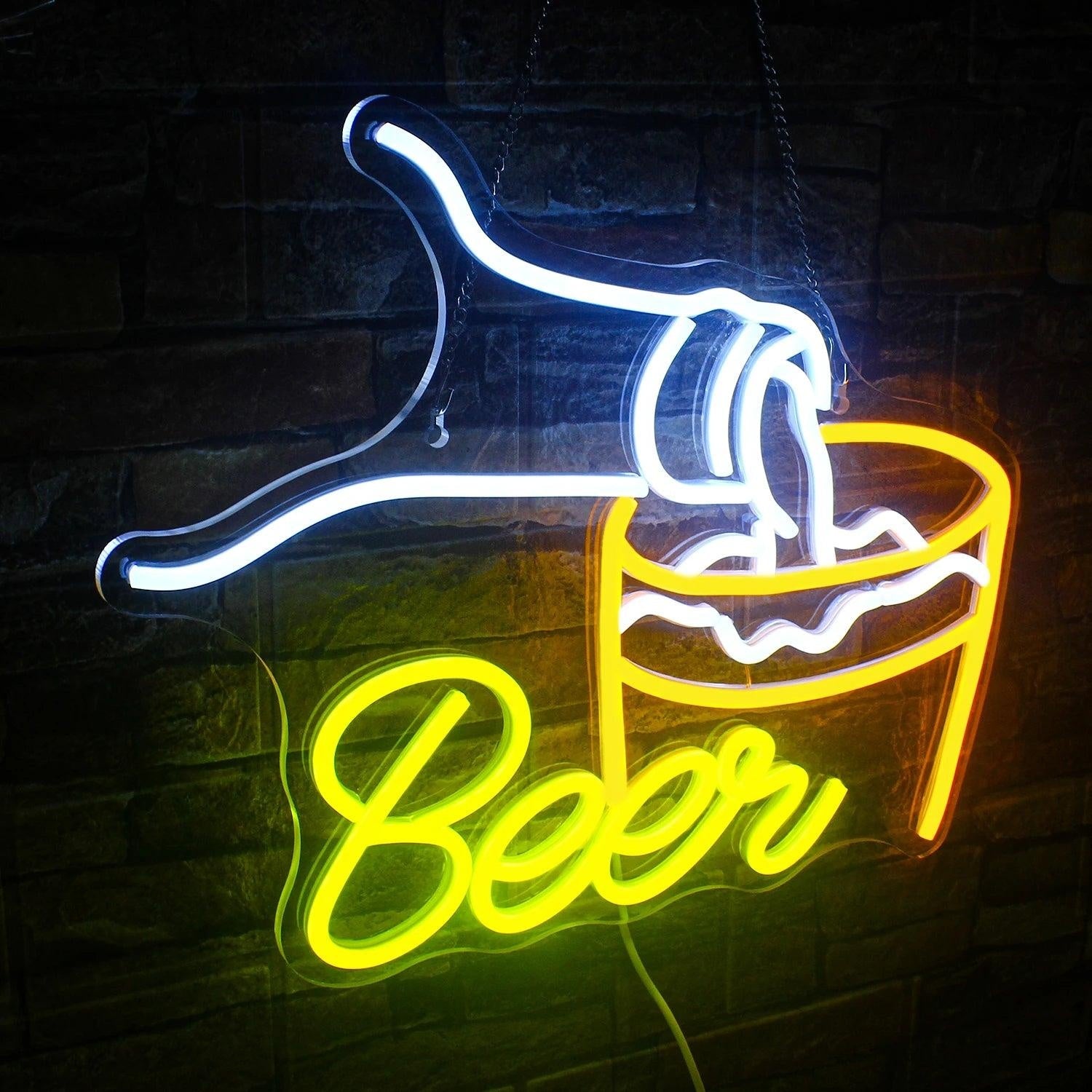 Beer Bar White Yellow Led Neon Sign With Pouring Bottle Glass For Bar Decor | Shineneon