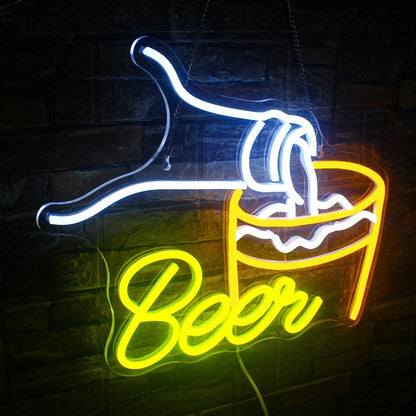 Beer Bar White Yellow Led Neon Sign With Pouring Bottle Glass For Bar Decor | Shineneon