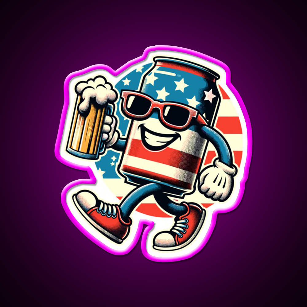 Beer Can Funny Mascot Celebrate Freedom Beer Bar Decor Led Neon Sign Rgb Color - Neon sign mounted on wall in room